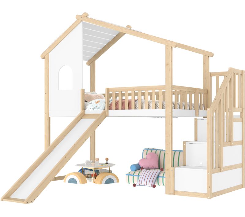 Lit Mezzanine Cabane 90x200 Cm Avec 2 Escaliers De Rangement Et Toboggans Blanc + Imitation Chêne