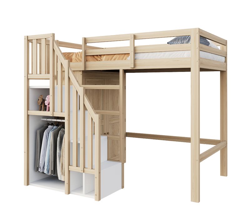 Lit Mezzanine 90x200 Cm Avec Escalier De Rangement Et Armoire Blanc + Imitation Chêne
