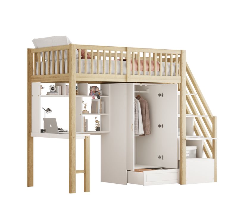 Lit Mezzanine 90x200 Cm Avec Bureau, Étagères, Escalier De Rangement Et Armoire Blanc