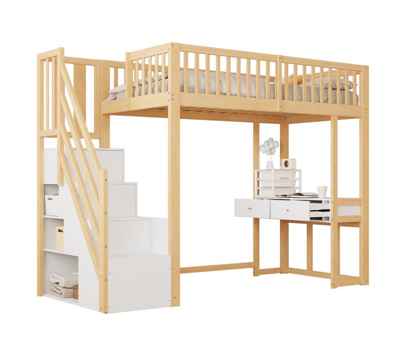 Lit Mezzanine 90x200 Cm Avec Bureau, Escalier De Rangement Blanc + Imitation Chêne