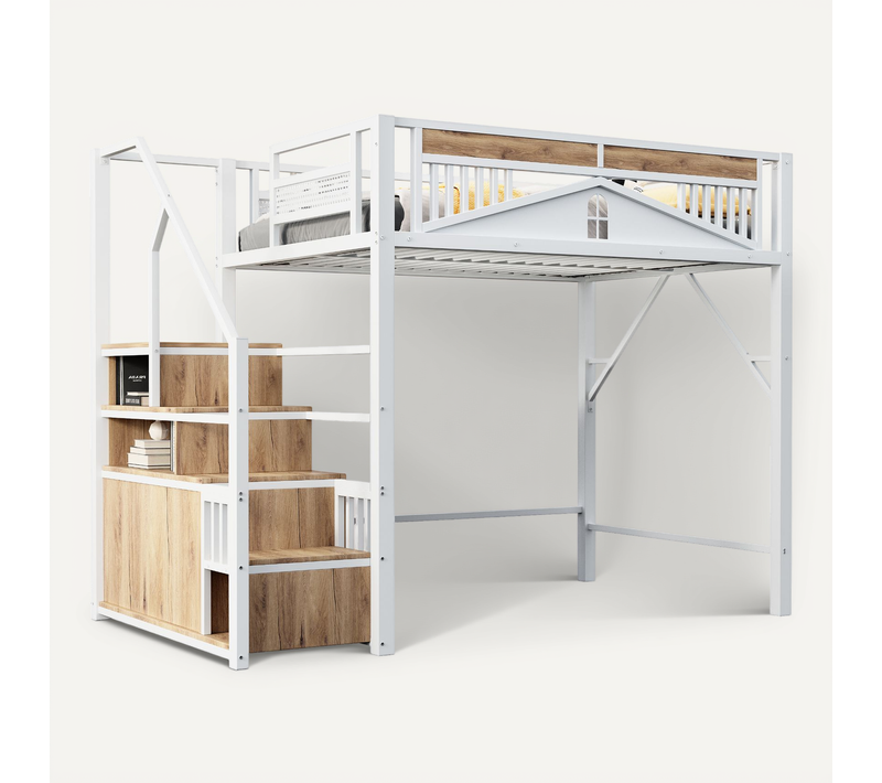 Lit Mezzanine 140x200 Cm En Métal Avec Escalier De Rangement Blanc