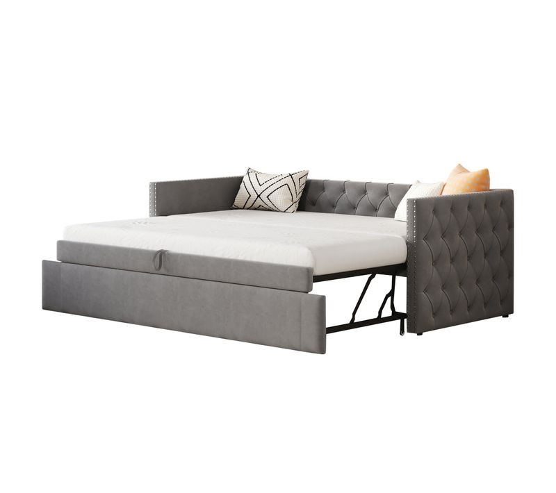 Lit Gigogne Lit Rembourré 90x200 Cm Velours Gris