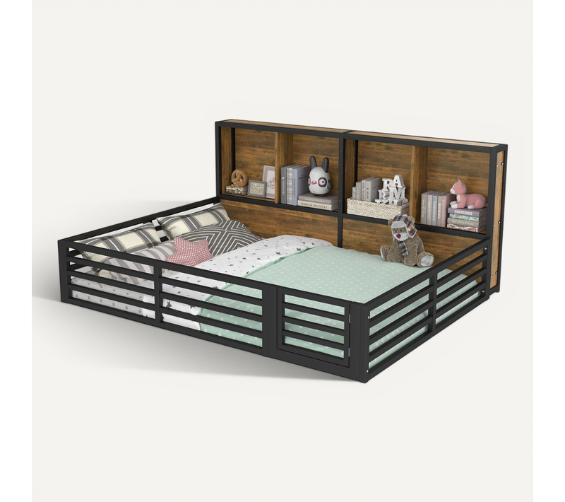 Lit Enfant 140 X 200cm Avec Tête De Lit Et Barrière De Sécurité Avec Rangement Noir