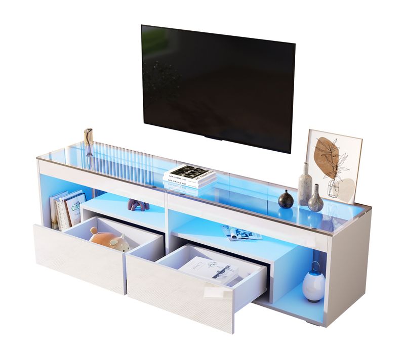 Meuble TV L.180 Cm Avec LED, 2 Tiorirs Et 2 Niches Blanc