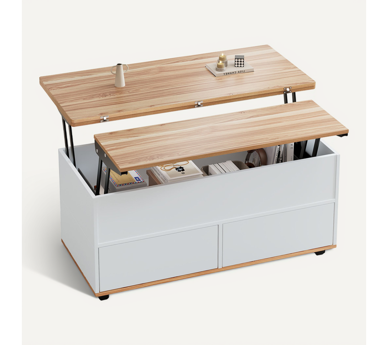 Table Basse Avec 1 Tiroir, 1 Porte, 2 Niches Et Bureau Réglable En Hauteur Blanc