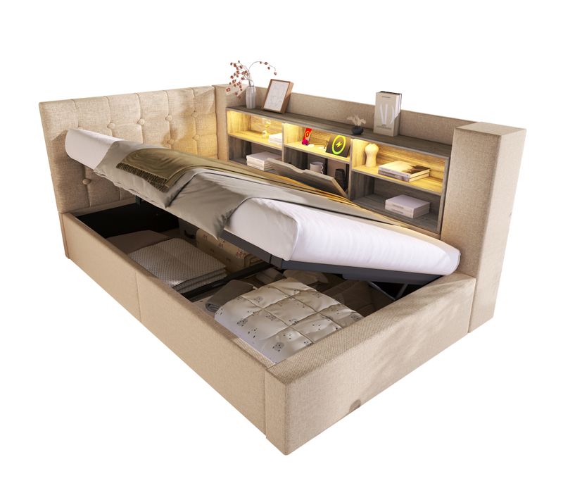 Lit Coffre 90x190 Cm Avec LED, Tête De Lit En Forme De L Avec Rangement Lin Beige