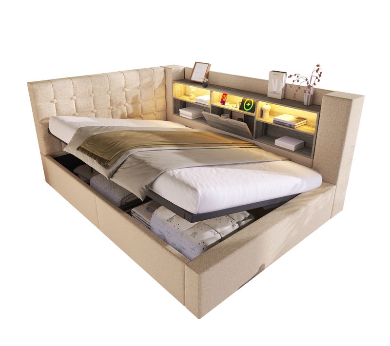 Lit Coffre 140x190 Cm Avec LED, Tête De Lit En Forme De L Avec Rangement Lin Beige