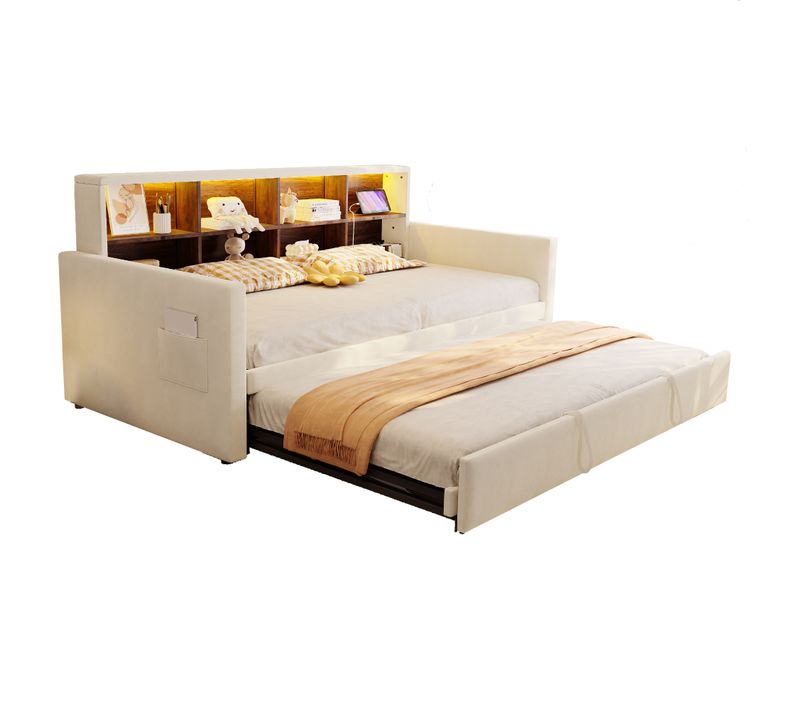 Lit Gigogne 90x190 Cm Avec LED, USB Et 8 Niches Velours Beige