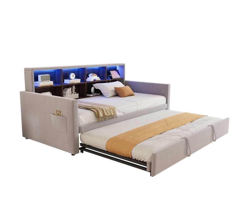 Lit Gigogne 90x190 Cm Avec LED, USB Et 8 Niches Velours Gris Clair