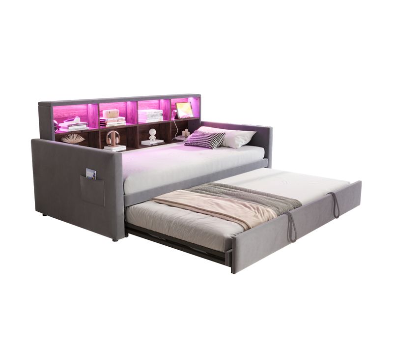 Lit Gigogne 90x190 Cm Avec LED, USB Et 8 Niches Velours Gris