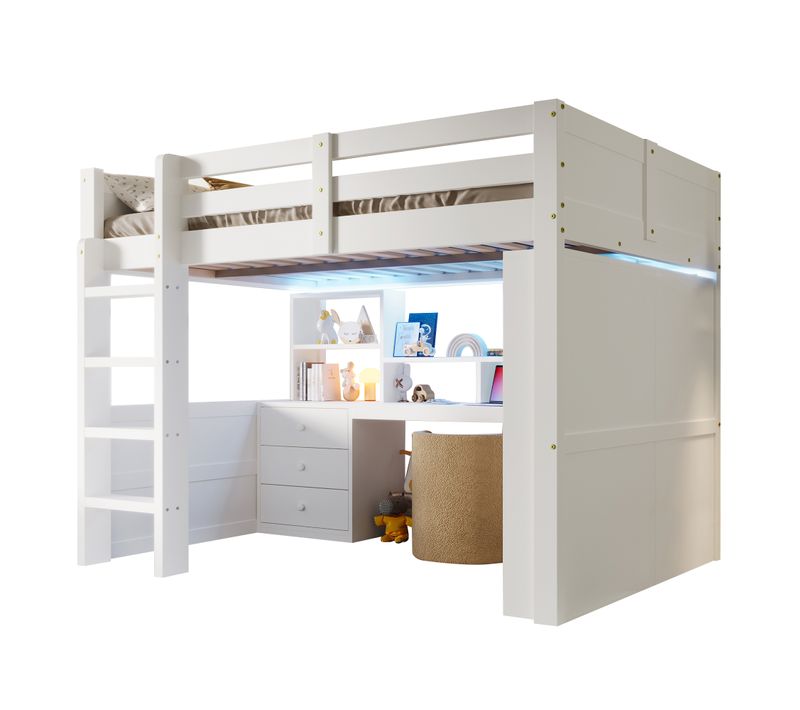 Lit Mezzanine 140x200 Cm Avec LED, 3 Tiroirs, Armoire Et Étagères à Plusieurs Niveaux Blanc