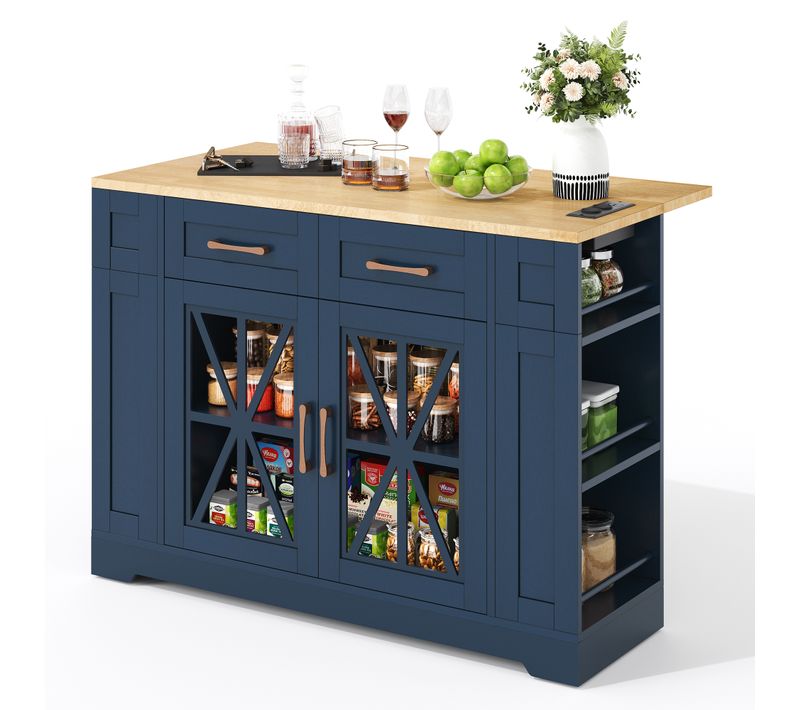 Ilot Central Cuisine Comptoir Avec USB, 2 Tiroirs, 2 Portes Et Bureau Pliable Bleu