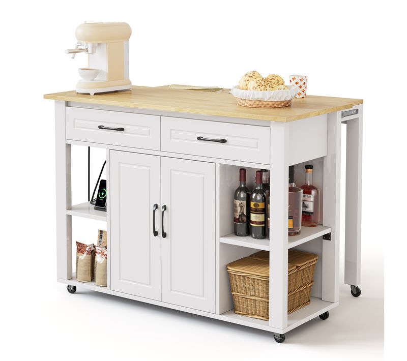 Ilot Central Cuisine Comptoir Avec 2 Tiroirs, 2 Portes Et Bureau Rétractable Blanc