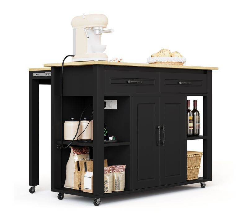 Ilot Central Cuisine Comptoir Avec 2 Tiroirs, 2 Portes Et Bureau Rétractable Noir