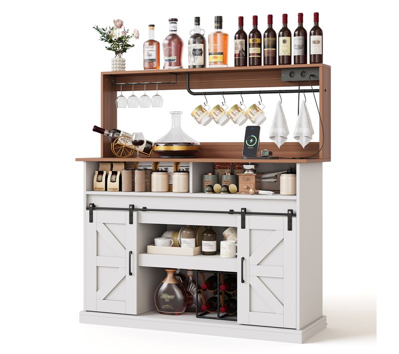 Ilot Central Cuisine Comptoir Avec USB, 2 Portes Coulissantes, 2 Niches Et Porte-gobelets Blanc