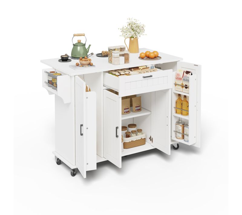Ilot Central Cuisine Comptoir Avec 1 Tiroir, 4 Portes Et Bureau Pliable Blanc