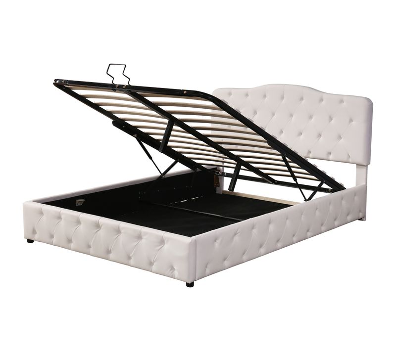Lit Rembourré Coffre 140x200 Cm Cuir Synthétique Blanc Avec Tête De Lit Et Sommier
