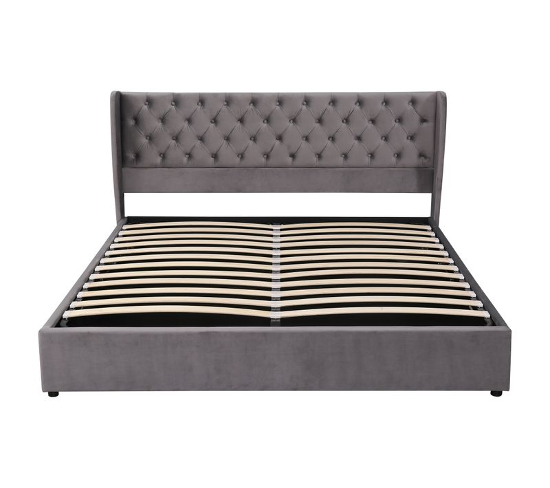 Lit Coffre Double Adulte 180 X 200 Cm En Velours Avec Sommier, Coffre De Rangement, Gris