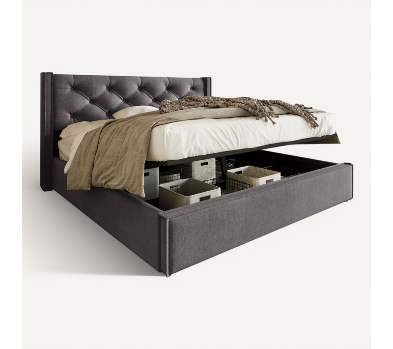 Lit Rembourré Coffre 140x200 Cm Coton Avec Tête De Lit Et Sommier Gris Foncé - Lit Double But