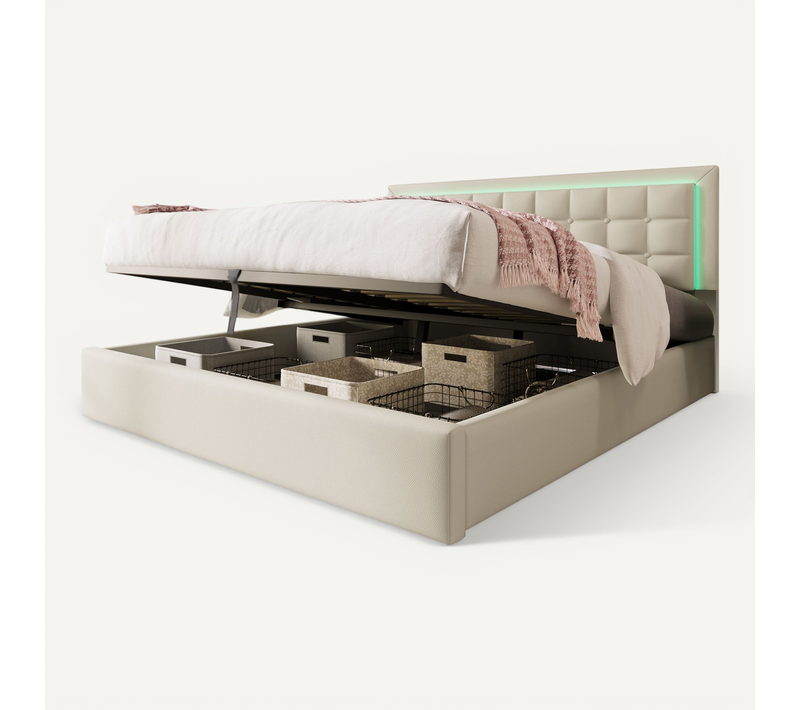 Lit Rembourré Coffre LED 140x200 Cm Avec Tête De Lit Et Sommier En Blanc Pu - Lit Double But