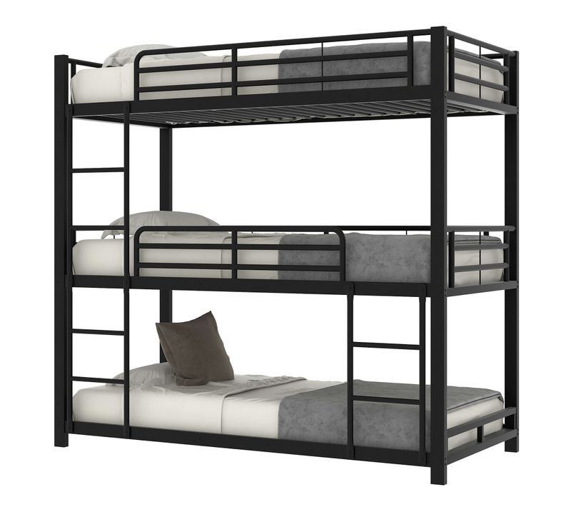 Lit Superposé Triple Transformable 3x90x200 Cm Avec Échelle Et Barrière Noir