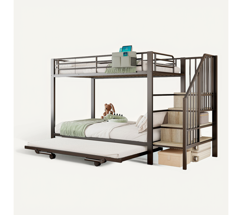 Lit Superposé 90x200 Cm Extensible 180x200 Avec Rangement Escalier Et Tissu Poche, Noir