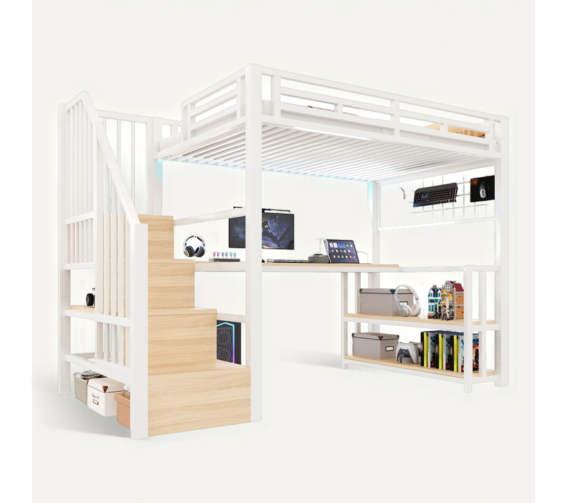 Lit Mezzanine 140x200 Cm Avec Bureau, LED, USB-c, Rangement Et échelle, Blanc