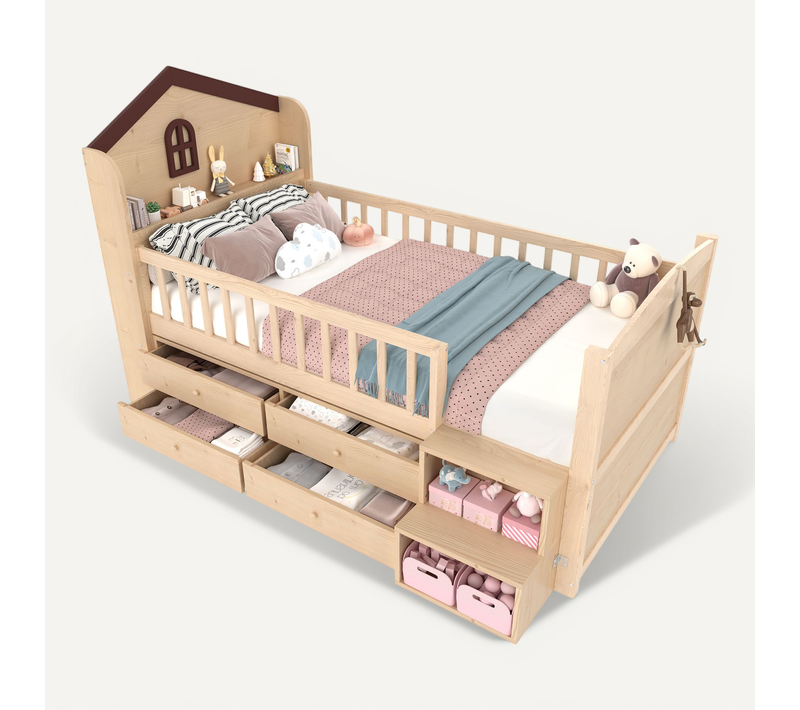 Lit Cabane Enfant 90x200 Cm  Mi-haut Avec LED Et 4 Tiroirs, Bois