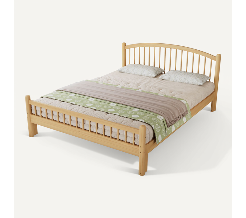 Lit 140x200 Cm En Bois Massif, Avec Tête De Lit Grillagée, Beige