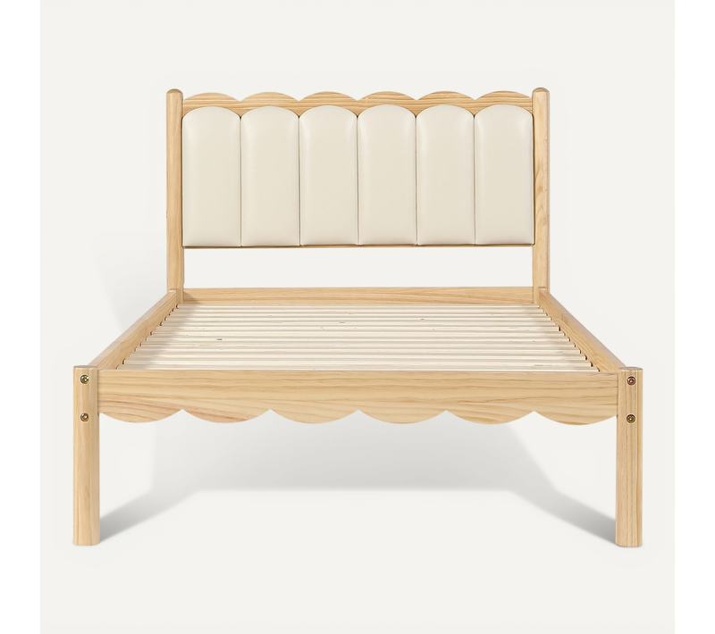 Lit Enfant 90x200 Cm Avec Tête De Lit Pu, Design Vague, Bois Beige