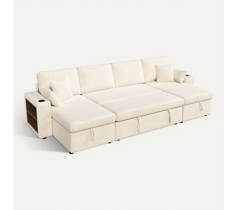 Canapé Angle Convertible Avec Rangement, USB Et Porte-gobelet, Beige