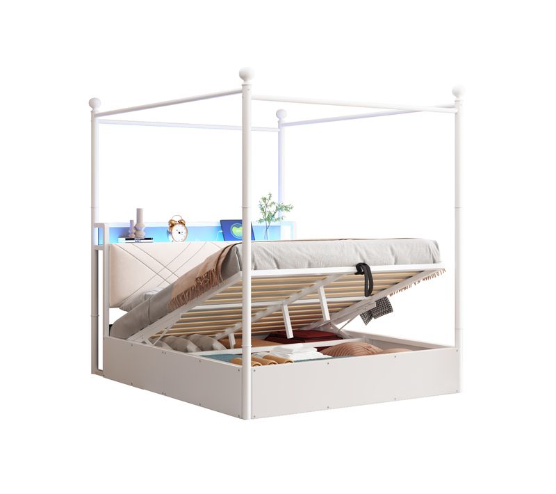 Lit Coffre 140x190 Cm Avec LED, USB-c, Coffre Hydraulique Et Sommier Métal, Blanc