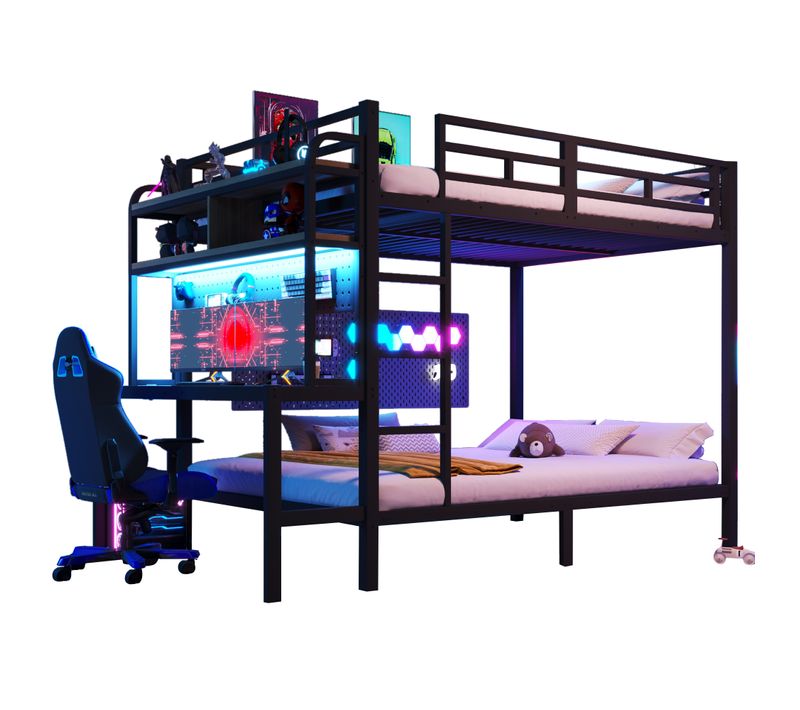 Lit Superposé 2 X 140 X 200 Cm Avec Bureau, Écran LED, Ports USB Et Étagères à 2 Niveaux En Fer Noir