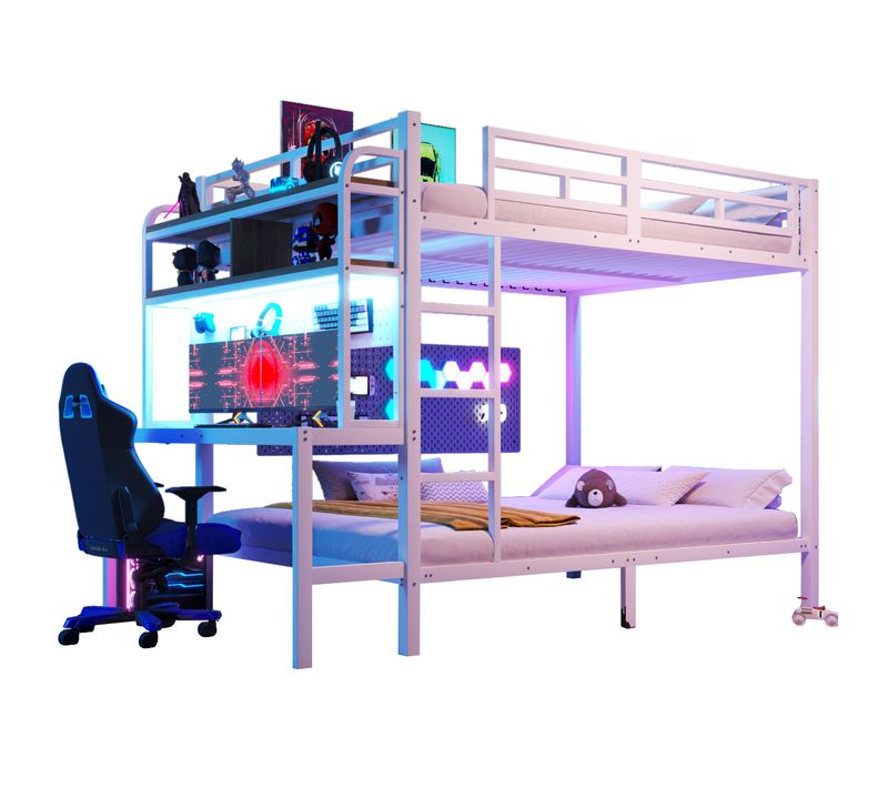 Lit Superposé 2 X 140 X 200 Cm Avec Bureau, LED, USB Et Étagères à 2 Niveaux En Fer Blanc