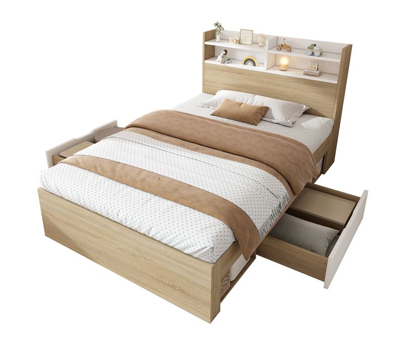 Lit Enfant 90 X 200 Cm Avec 2 Tiroirs, Tête De Lit Et Rangement Sous Le Lit Blanc Et Imitation Chêne