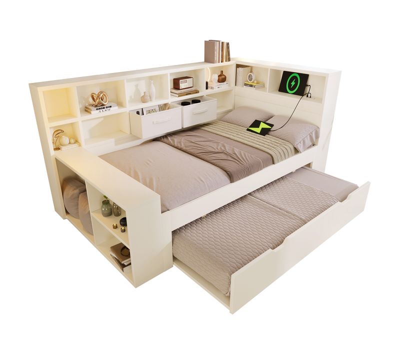 Lit Gigogne 90 X 200 Cm Avec Ports USB Et Des Compartiments De Rangement Sur Trois Côtés Blanc