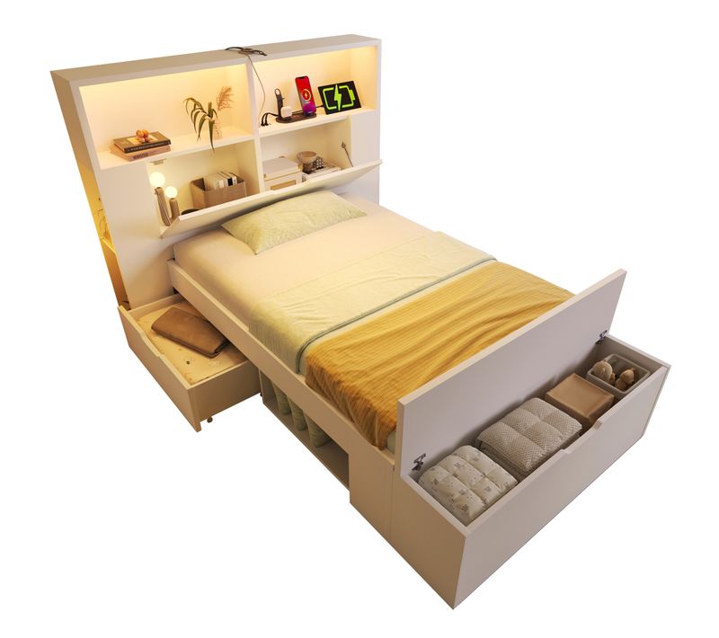 Lit Enfant 90 X 200 Cm Avec LED, USB, 2 Tiroirs, Tabouret De Lit Et Étagères De Rangement Blanc