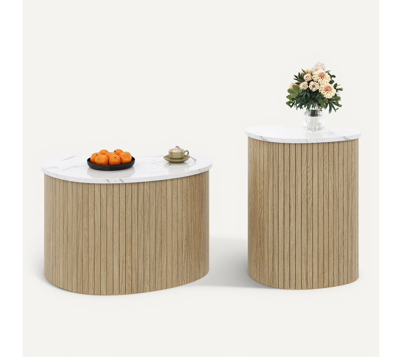 Lot De 2 Table Basse Double Φ60cm + Φ 40cm Bois + Blanc