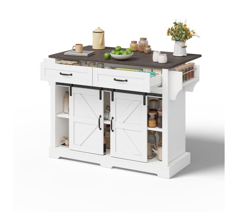 Ilot Central Ilot De Cuisine Avec 2 Portes Coulissantes Et 2 Tiroirs Blanc