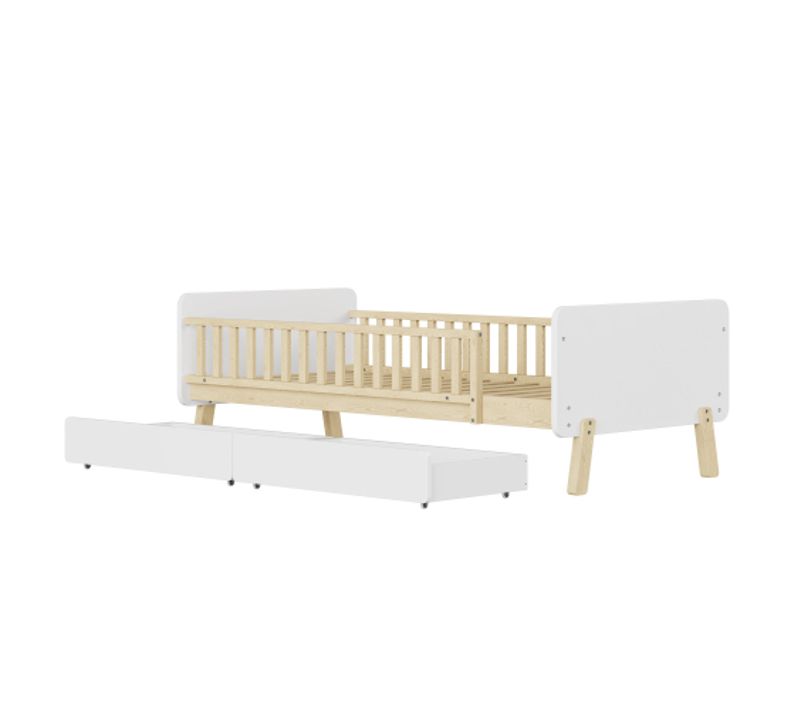 Lit 90x190cm-lit Enfant Avec 2 Tiroirs-lit Simple-en Bois Massif Avec Sommier à Lattes-blanc