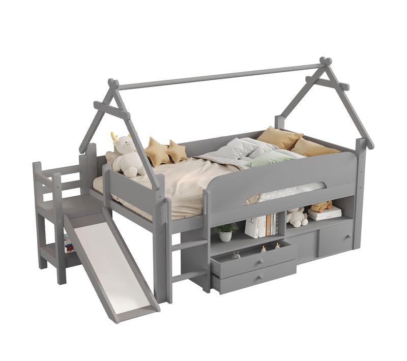 Lit Mezzanine 90 X 200 Cm Avec Toboggan Et Tiroirs De Rangement Style Maison, Gris