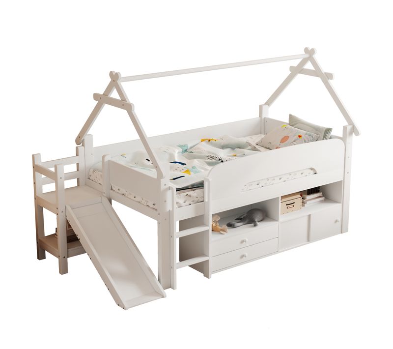 Lit Mezzanine 90 X 200 Cm Avec Toboggan Et Tiroirs De Rangement Style Maison, Blanc