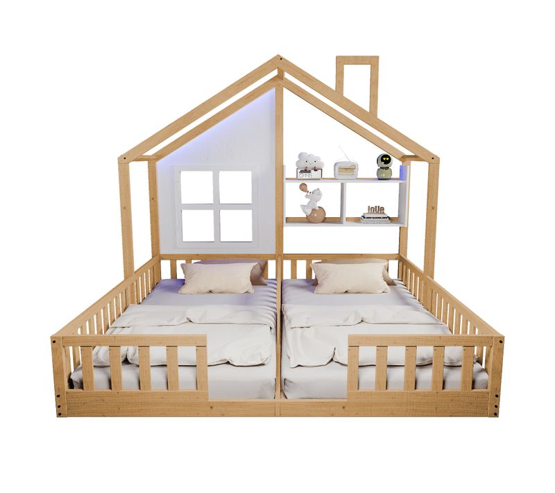 Lit Cabane Enfant 2 Couchages 90x200 Cm Avec Barrières De Sécurité, Étagères Et Éclairage LED, Bois