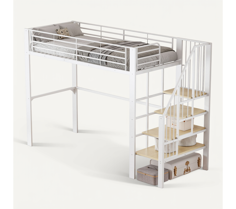 Lit Mezzanine 90x200 Cm Lit Métal Avec Rangement Et Escalier, Blanc