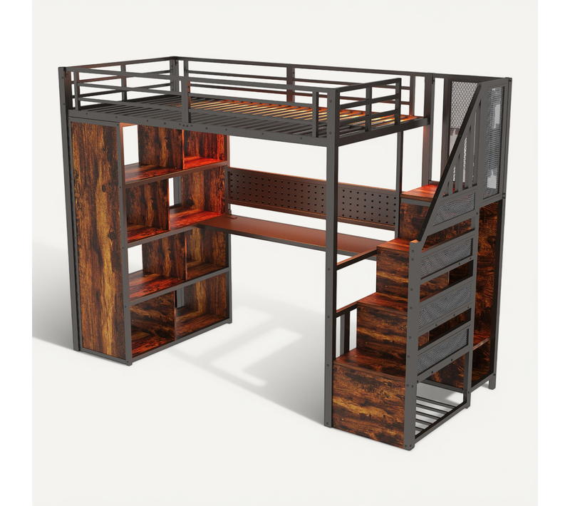 Lit Mezzanine 90x200 Cm Avec Bureau, Armoire, Rangement Et Éclairage LED, Noir