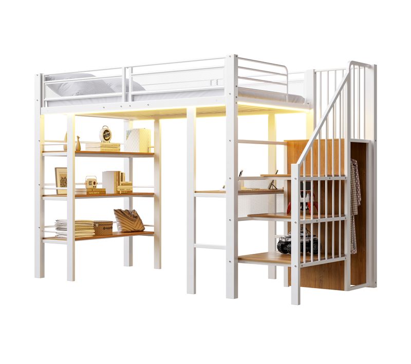 Lit Mezzanine 90x200 Cm Avec Bureau, Étagères Et Rangement, Blanc