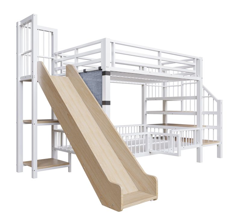 Lit Superposé 90 X 200 Cm Avec Toboggan Escalier De Rangement Et Étagères, Blanc