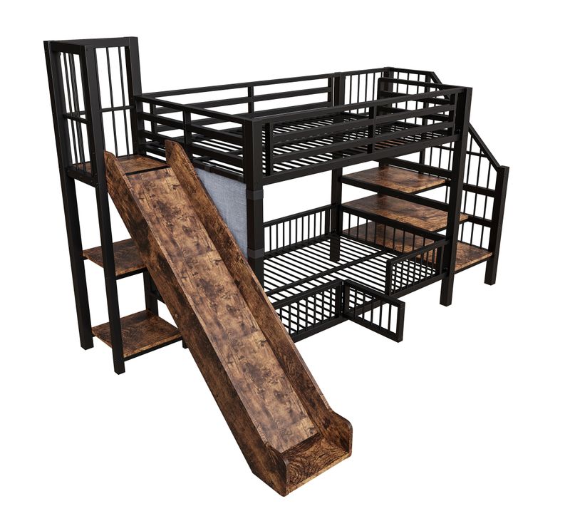 Lit Superposé 90 X 200 Cm Avec Toboggan Escalier De Rangement Et Étagères, Noir