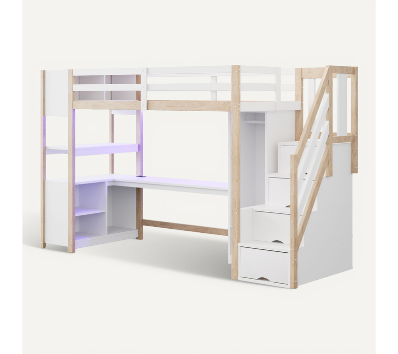 Lit Mezzanine Enfant 90x200 Cm Avec Bureau Armoire Rangement Escalier LED Prise
