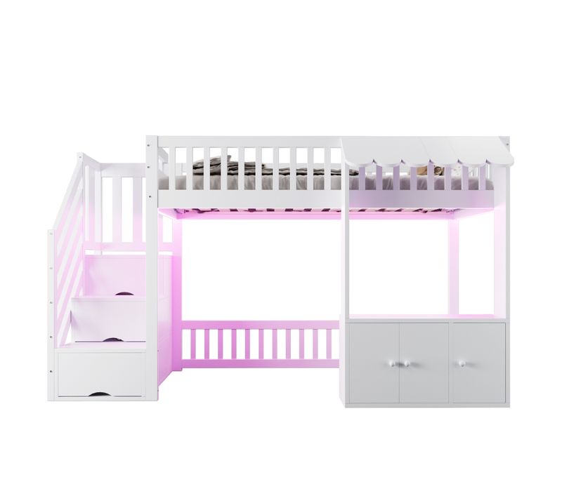 Lit Mezzanine 90x200 Cm Avec étagères De Rangement, LED Multicolores, Blanc